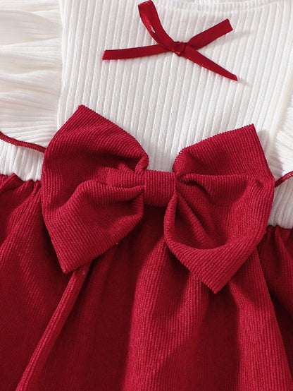 Newborn Baby Girl White Long Sleeved Lace Collar Patchwork Pink Bow Dress Autumn And Winter Elegant