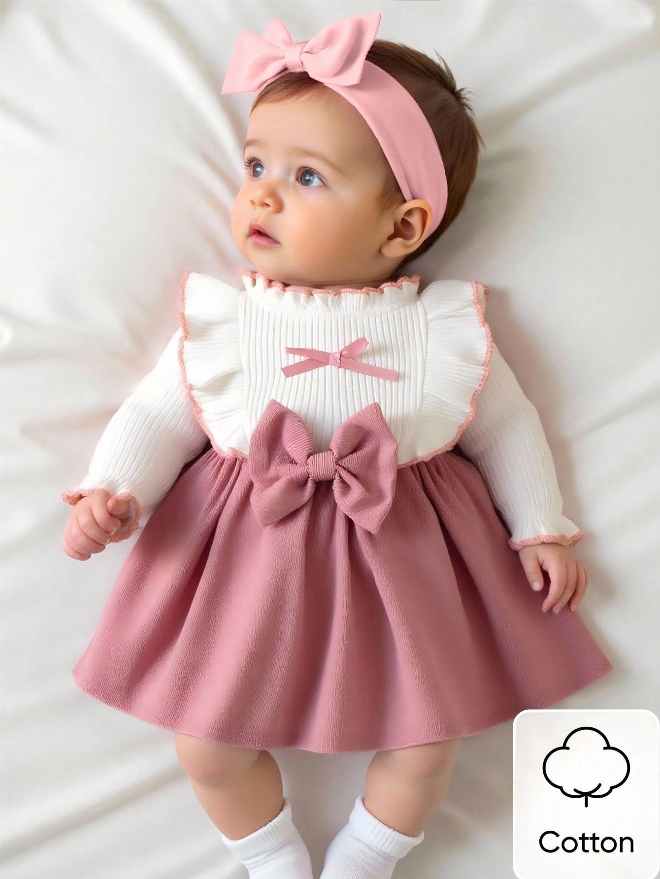 Newborn Baby Girl White Long Sleeved Lace Collar Patchwork Pink Bow Dress Autumn And Winter Elegant