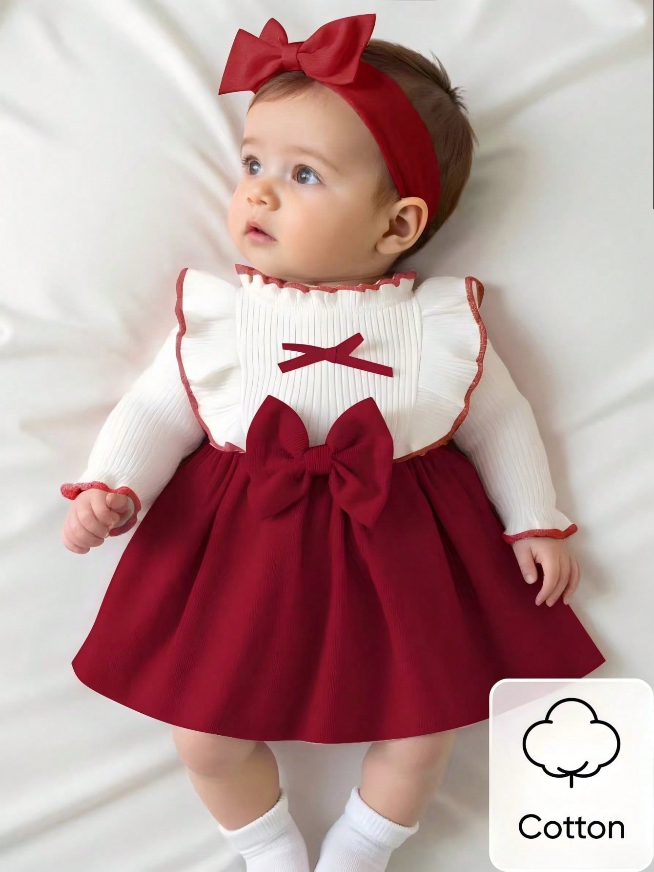 Newborn Baby Girl White Long Sleeved Lace Collar Patchwork Pink Bow Dress Autumn And Winter Elegant