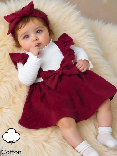 Newborn Baby Girl White Long Sleeved Pit Stripe Spliced Red Corduroy Fabric Bow Dress And Headband Elegant Retro Cute Fall Winter