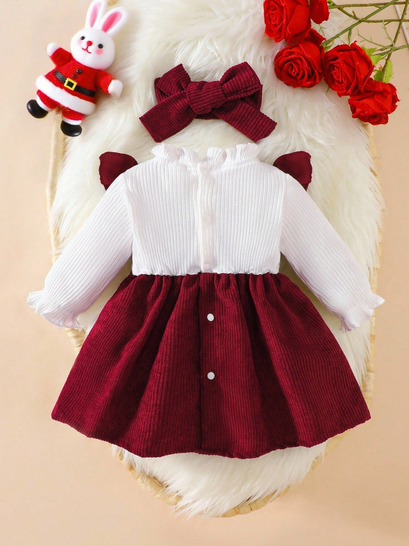 Newborn Baby Girl White Long Sleeved Pit Stripe Spliced Red Corduroy Fabric Bow Dress And Headband Elegant Retro Cute Fall Winter
