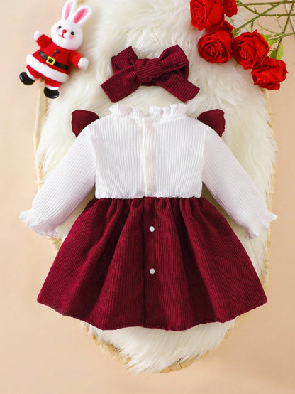 Newborn Baby Girl White Long Sleeved Pit Stripe Spliced Red Corduroy Fabric Bow Dress And Headband Elegant Retro Cute Fall Winter