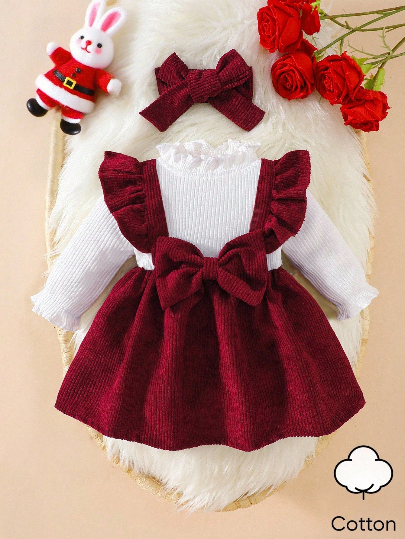 Newborn Baby Girl White Long Sleeved Pit Stripe Spliced Red Corduroy Fabric Bow Dress And Headband Elegant Retro Cute Fall Winter
