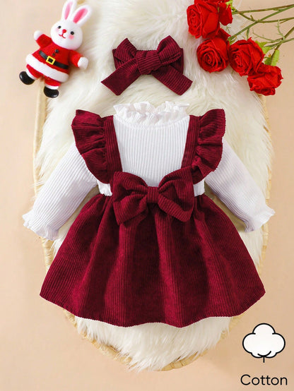 Newborn Baby Girl White Long Sleeved Pit Stripe Spliced Red Corduroy Fabric Bow Dress And Headband Elegant Retro Cute Fall Winter