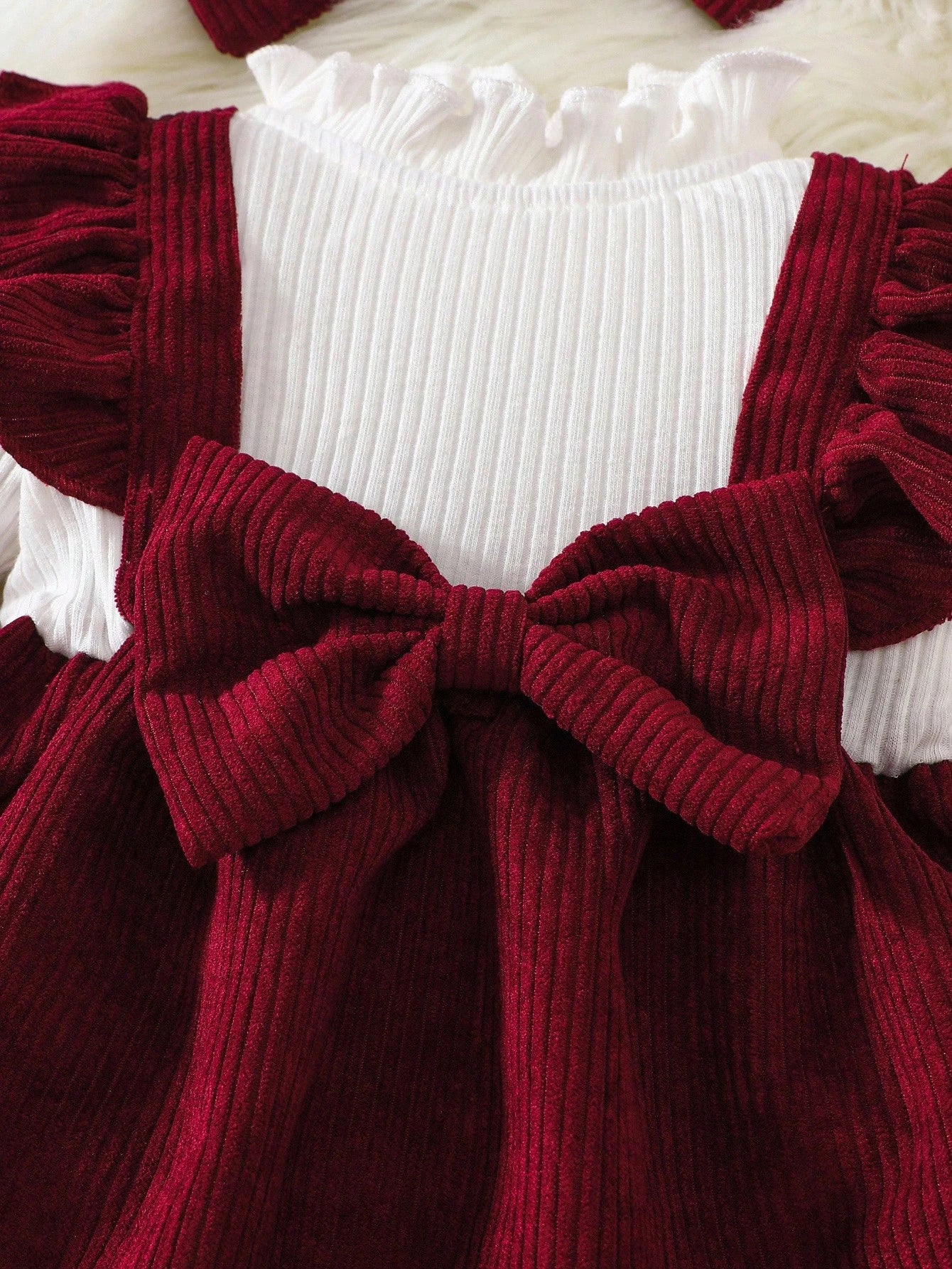 Newborn Baby Girl White Long Sleeved Pit Stripe Spliced Red Corduroy Fabric Bow Dress And Headband Elegant Retro Cute Fall Winter