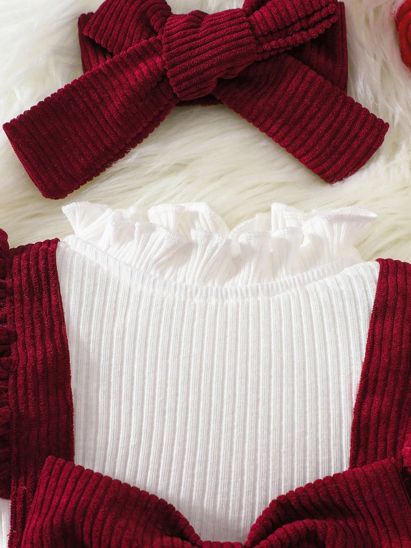 Newborn Baby Girl White Long Sleeved Pit Stripe Spliced Red Corduroy Fabric Bow Dress And Headband Elegant Retro Cute Fall Winter