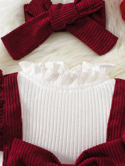 Newborn Baby Girl White Long Sleeved Pit Stripe Spliced Red Corduroy Fabric Bow Dress And Headband Elegant Retro Cute Fall Winter