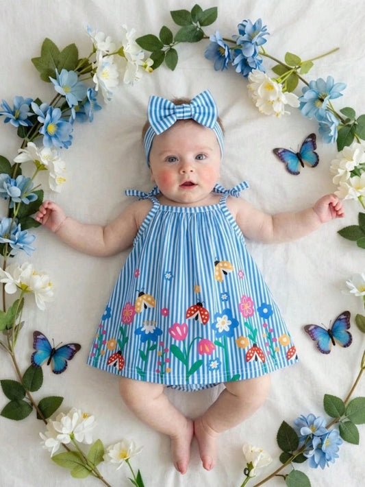 Newborn Baby Girls' Casual Sweet Floral Striped Cami Dress, Summer