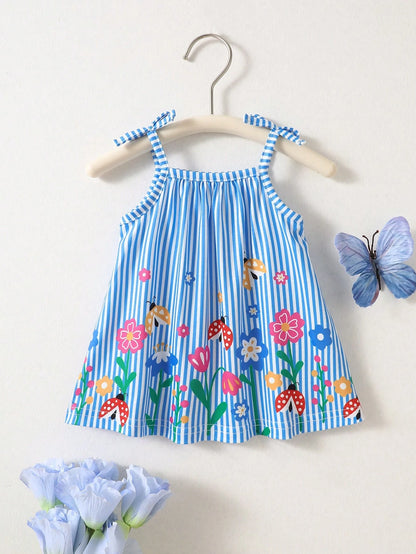 Newborn Baby Girls' Casual Sweet Floral Striped Cami Dress, Summer