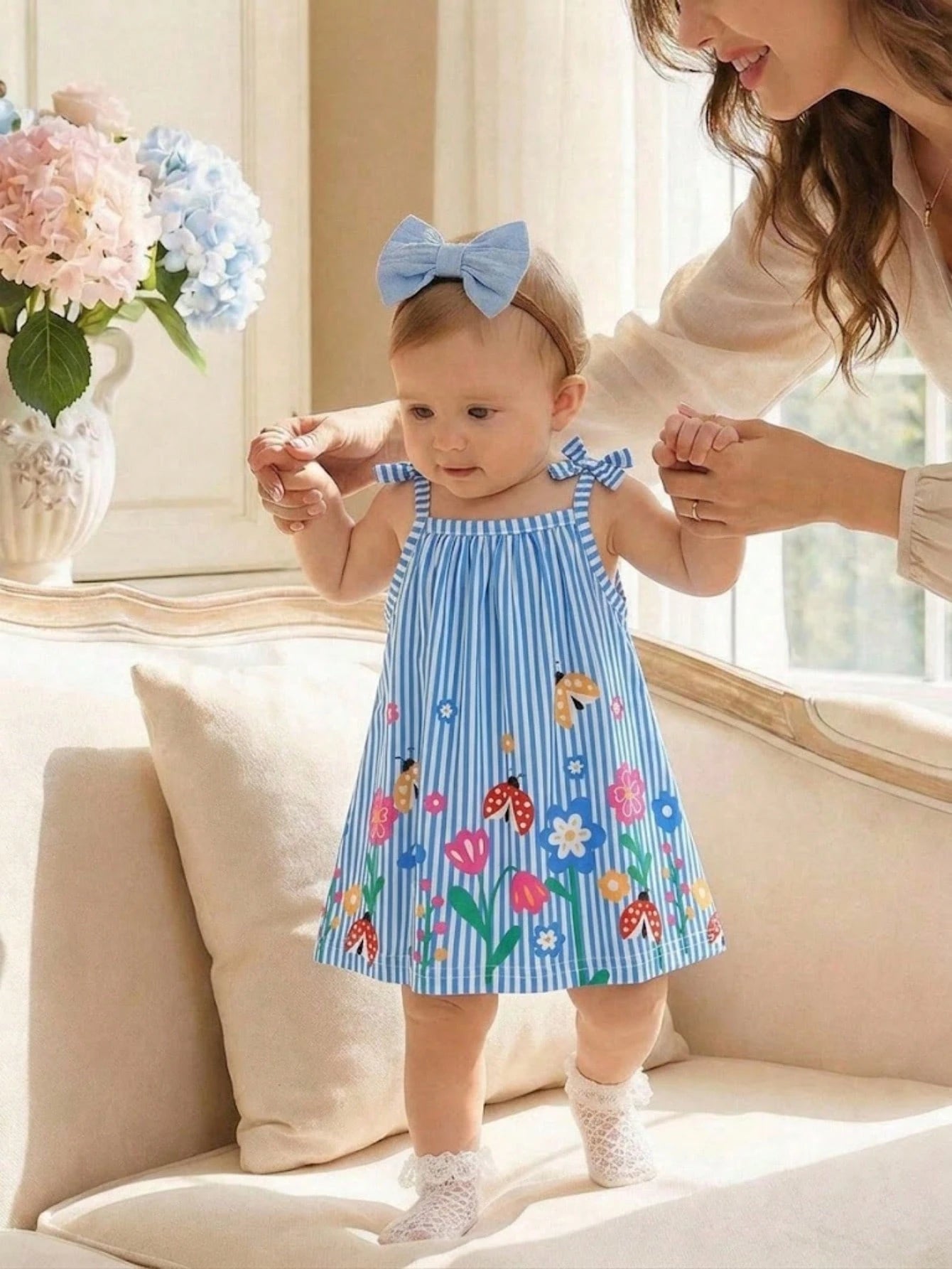 Newborn Baby Girls' Casual Sweet Floral Striped Cami Dress, Summer