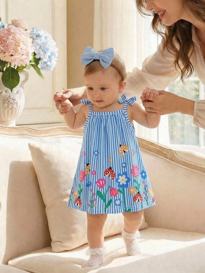 Newborn Baby Girls' Casual Sweet Floral Striped Cami Dress, Summer