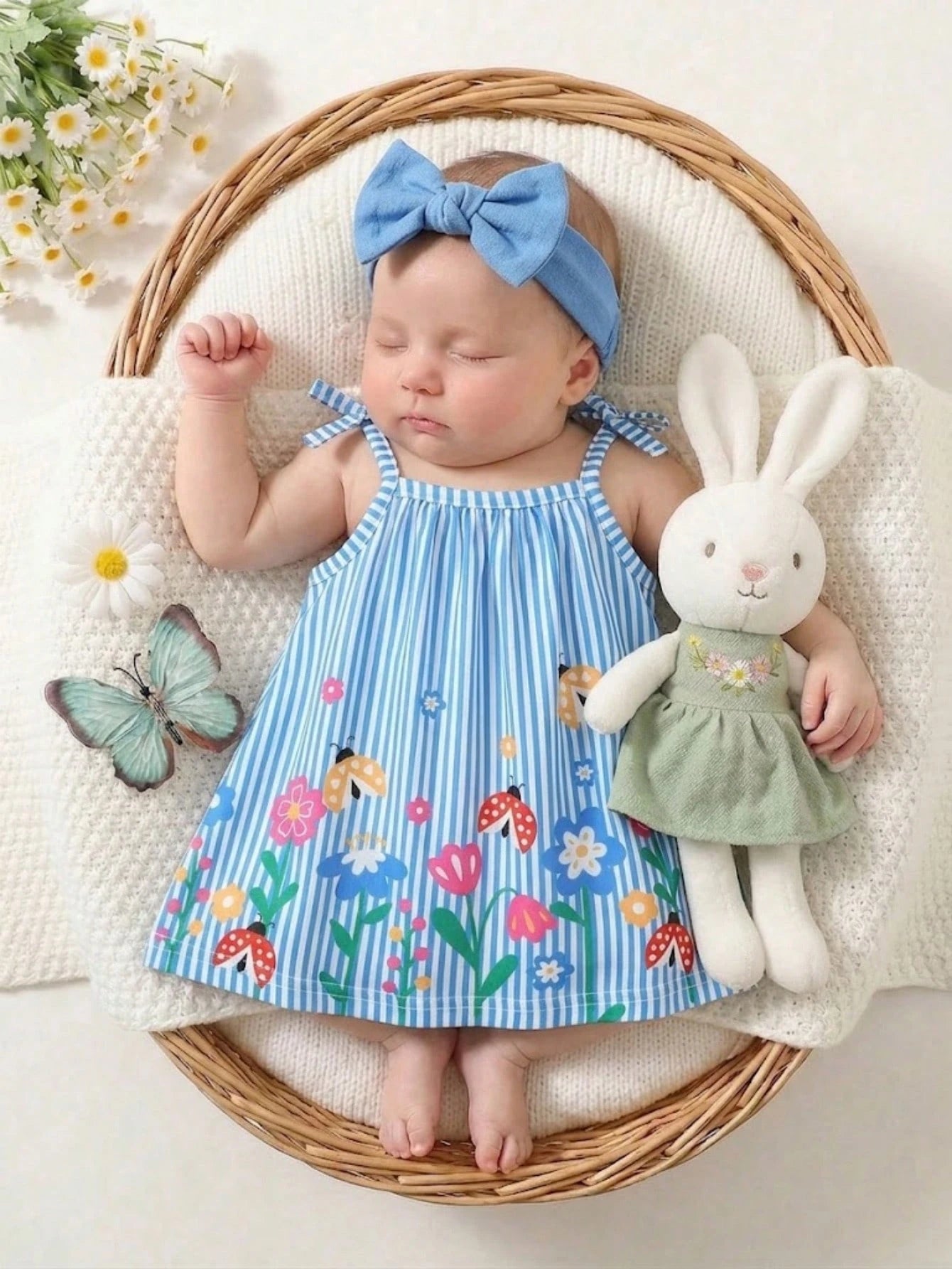 Newborn Baby Girls' Casual Sweet Floral Striped Cami Dress, Summer