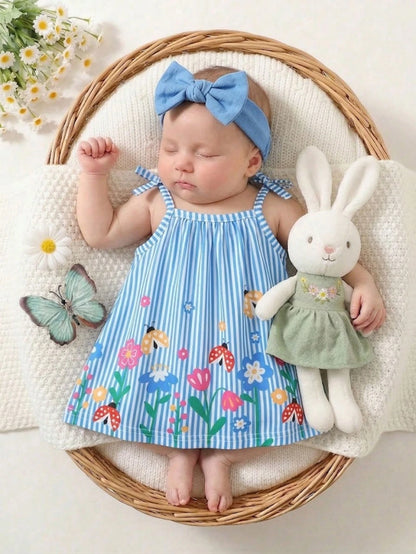 Newborn Baby Girls' Casual Sweet Floral Striped Cami Dress, Summer