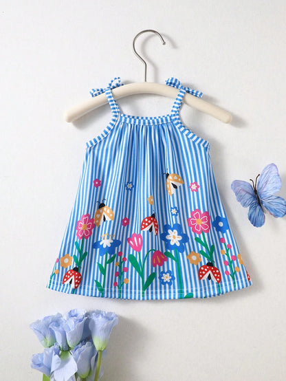 Newborn Baby Girls' Casual Sweet Floral Striped Cami Dress, Summer