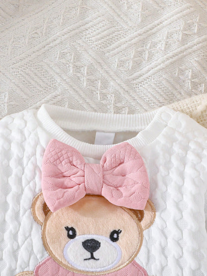 Newborn Baby Girls Cute Bear & Bow Flocked Embroidered Long Sleeve Top And Contrast Color Simple Long Pants 2 Pieces Outfit