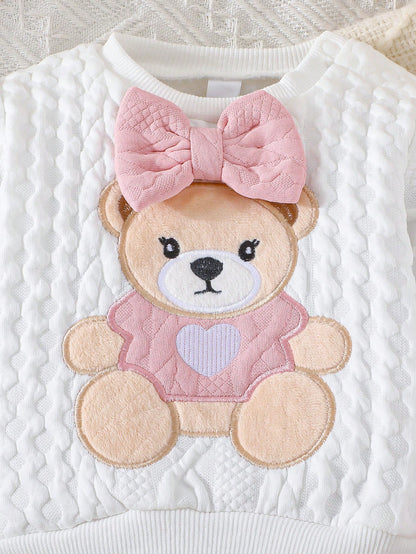Newborn Baby Girls Cute Bear & Bow Flocked Embroidered Long Sleeve Top And Contrast Color Simple Long Pants 2 Pieces Outfit