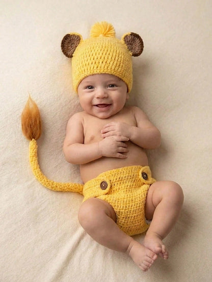 Newborn Baby Lion Photography Props Outfit, Handmade Crochet Knit Dog Puppy Bee Fox Animal Costume Set, Infant Boy Girl Photo Shoot Hat & Diaper Cover Suit