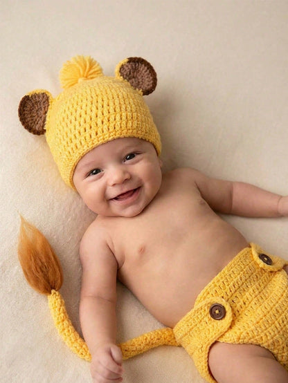 Newborn Baby Lion Photography Props Outfit, Handmade Crochet Knit Dog Puppy Bee Fox Animal Costume Set, Infant Boy Girl Photo Shoot Hat & Diaper Cover Suit