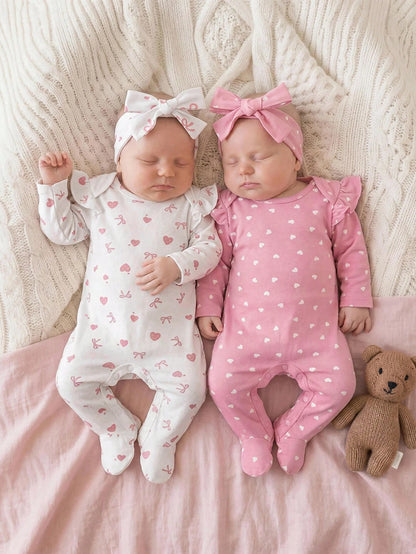Newborn Baby Pink & White Bow Heart Cartoon Print Footed Romper Set With Headband, Soft & Comfortable Sleepwear Newborn Gift Set Girl Baby Girl Romper Knot Wildflower Baby Clothes Newborn Romper