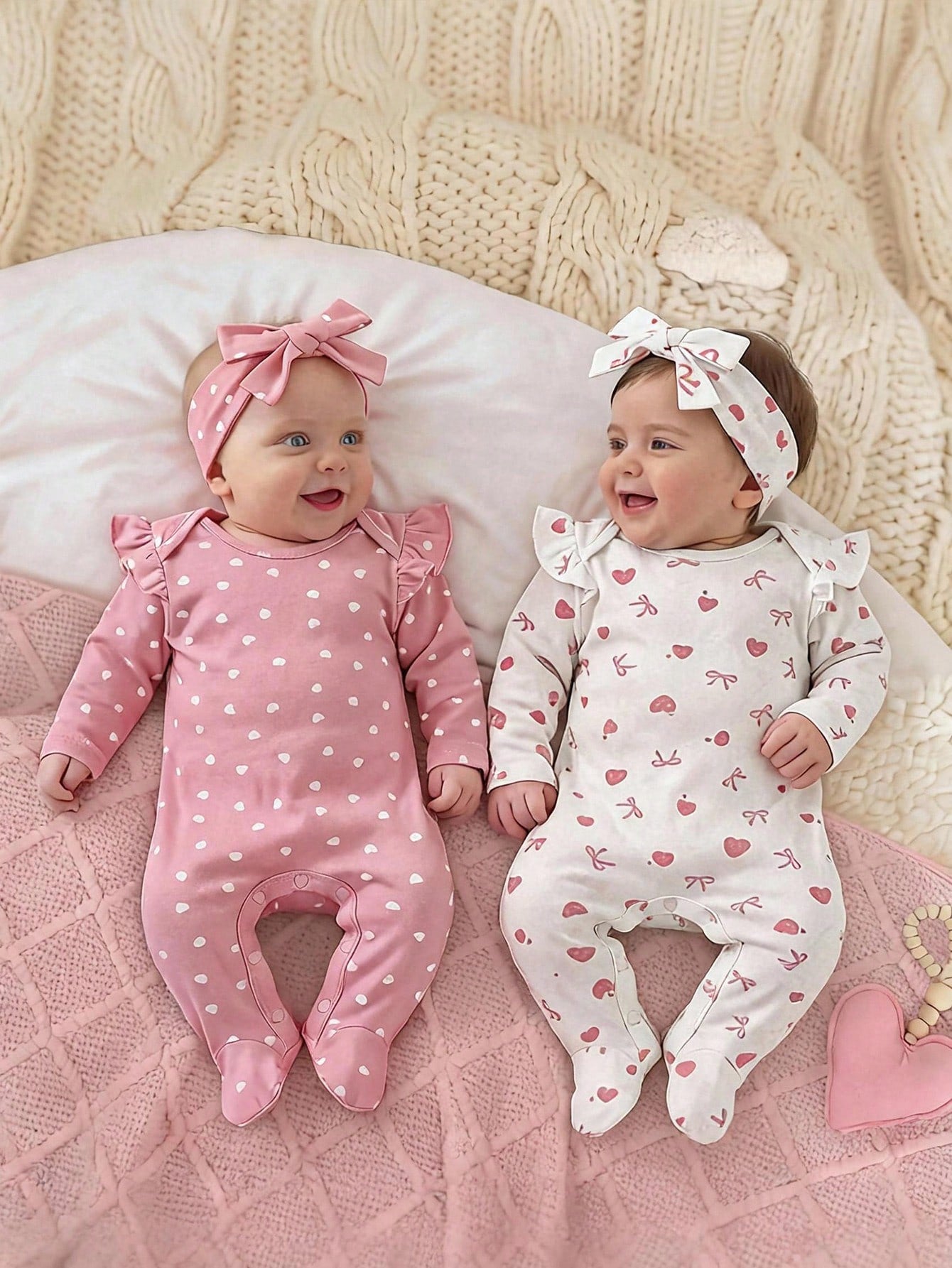 Newborn Baby Pink & White Bow Heart Cartoon Print Footed Romper Set With Headband, Soft & Comfortable Sleepwear Newborn Gift Set Girl Baby Girl Romper Knot Wildflower Baby Clothes Newborn Romper