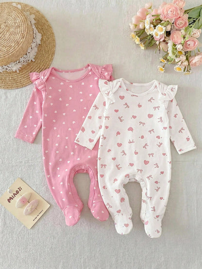 Newborn Baby Pink & White Bow Heart Cartoon Print Footed Romper Set With Headband, Soft & Comfortable Sleepwear Newborn Gift Set Girl Baby Girl Romper Knot Wildflower Baby Clothes Newborn Romper
