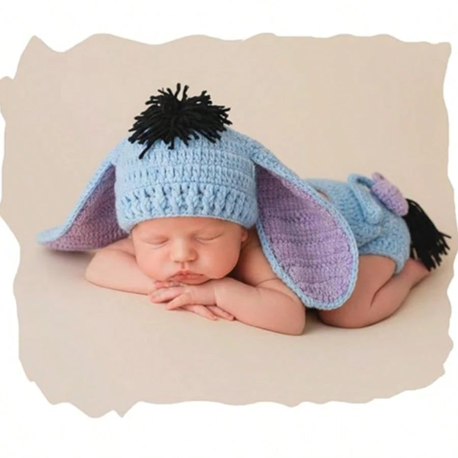 Newborn Photography Props Donkey Crochet Outfit Animal Set- Cute Baby Photoshoot Hat & Shorts For Infant Boy Girl