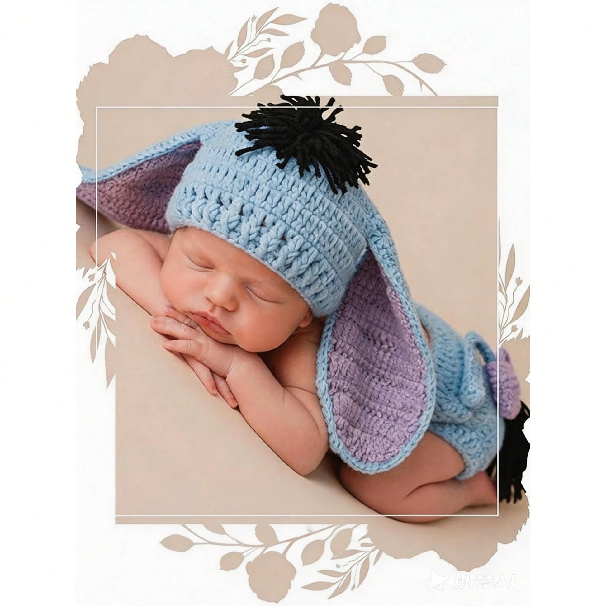 Newborn Photography Props Donkey Crochet Outfit Animal Set- Cute Baby Photoshoot Hat & Shorts For Infant Boy Girl