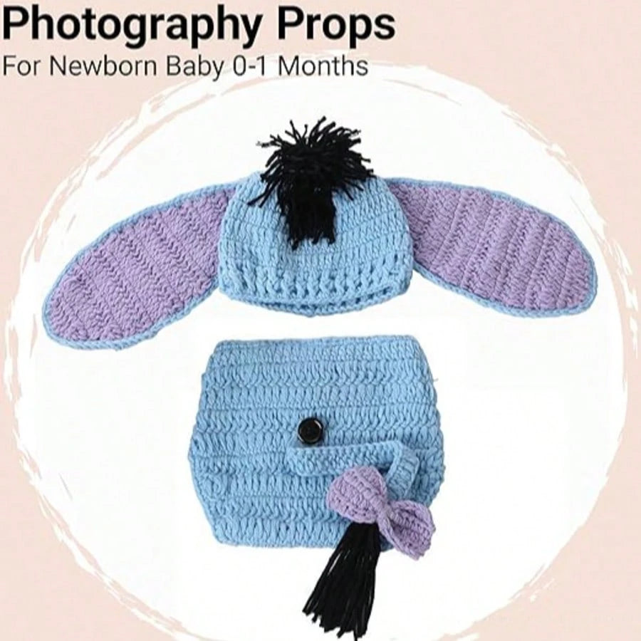 Newborn Photography Props Donkey Crochet Outfit Animal Set- Cute Baby Photoshoot Hat & Shorts For Infant Boy Girl