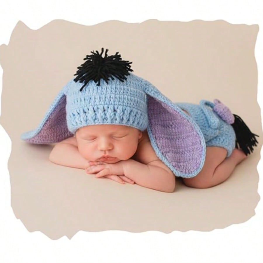 Newborn Photography Props Donkey Crochet Outfit Animal Set- Cute Baby Photoshoot Hat & Shorts For Infant Boy Girl