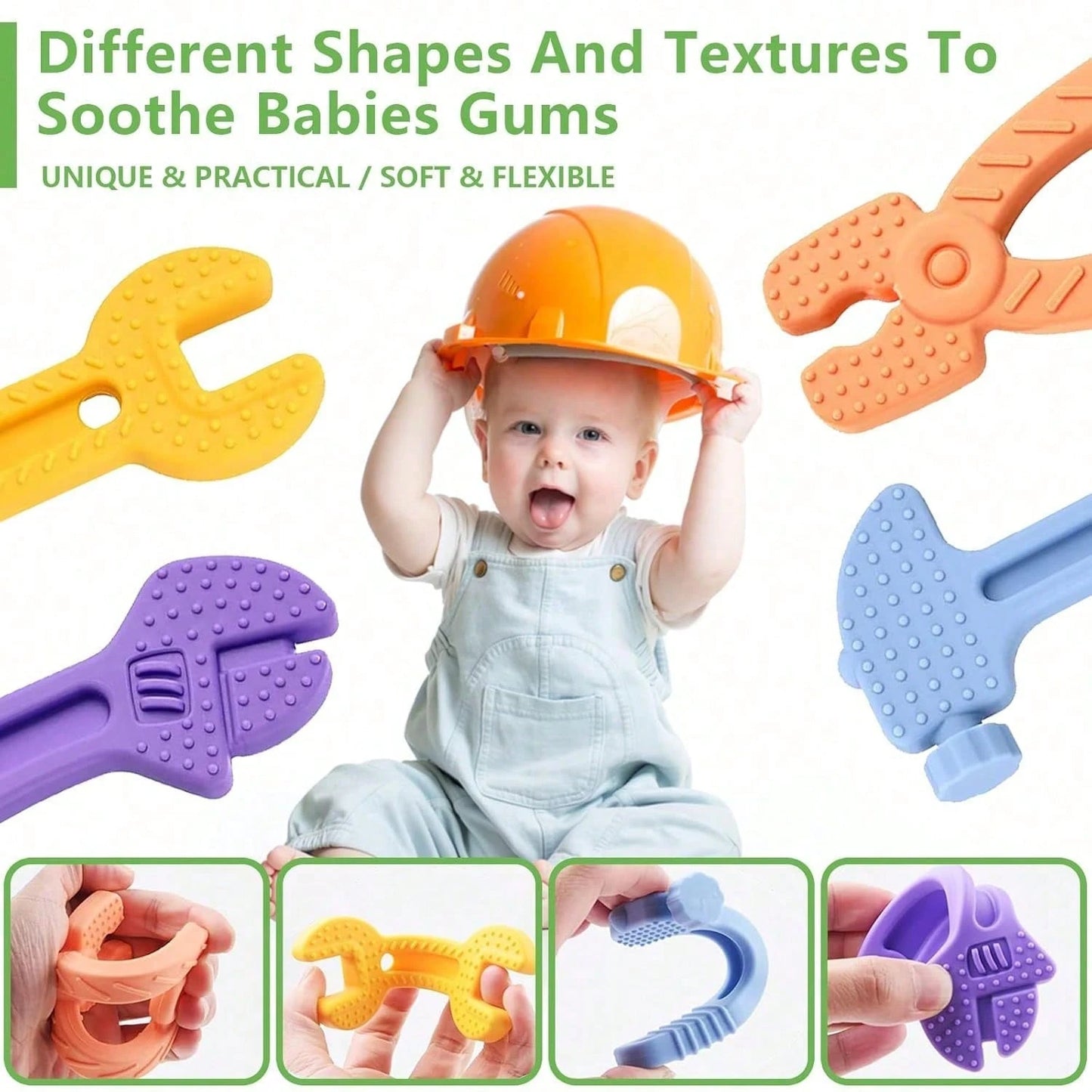 NIMBUSKNIT 4/8-Piece Baby Teething Toy Set Soft Silicone Teething Toys Suitable For Infants Aged 0-12 Months And 6-24 Months Hammer, Wrench, And Pliers-Shaped Teething Tools Relieves Gum Discomfort An