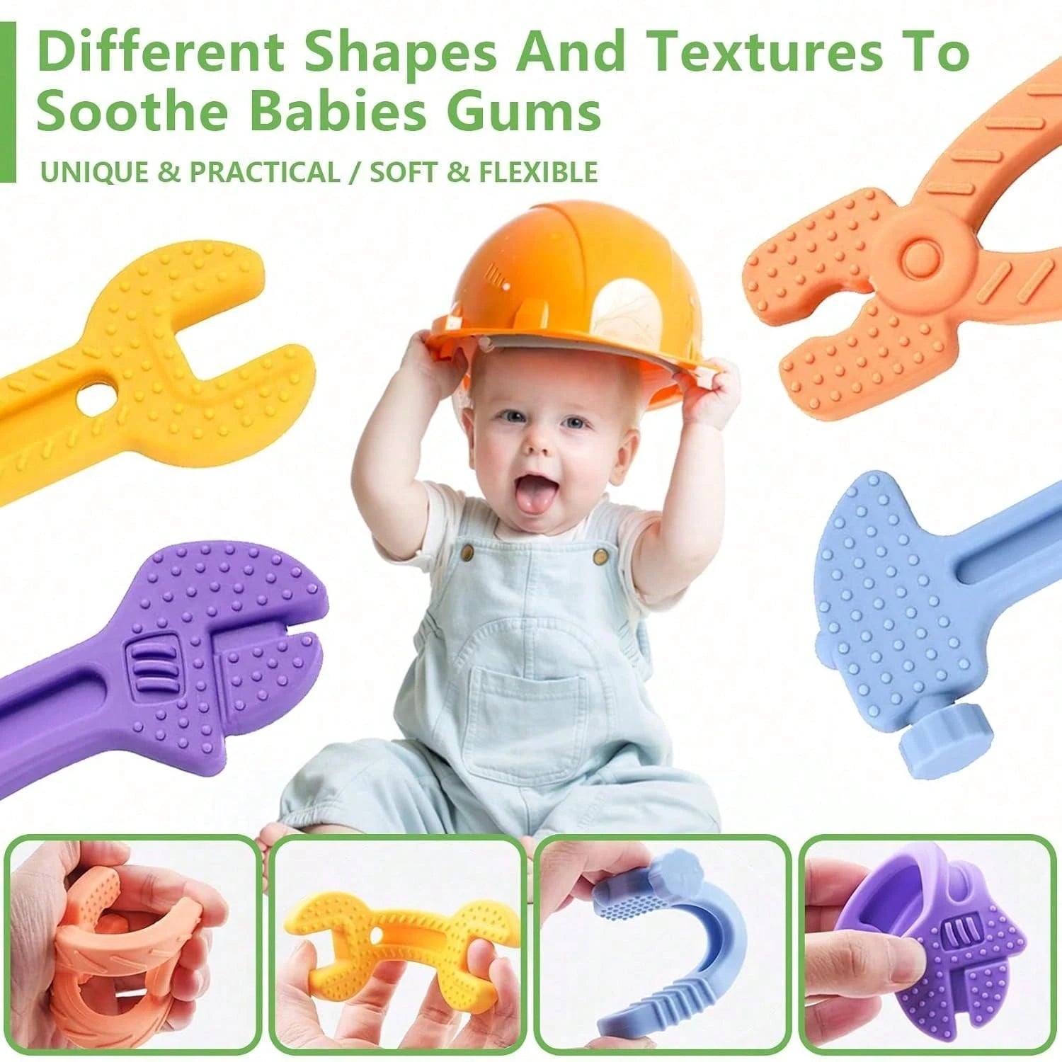 NIMBUSKNIT 4/8-Piece Baby Teething Toy Set Soft Silicone Teething Toys Suitable For Infants Aged 0-12 Months And 6-24 Months Hammer, Wrench, And Pliers-Shaped Teething Tools Relieves Gum Discomfort An