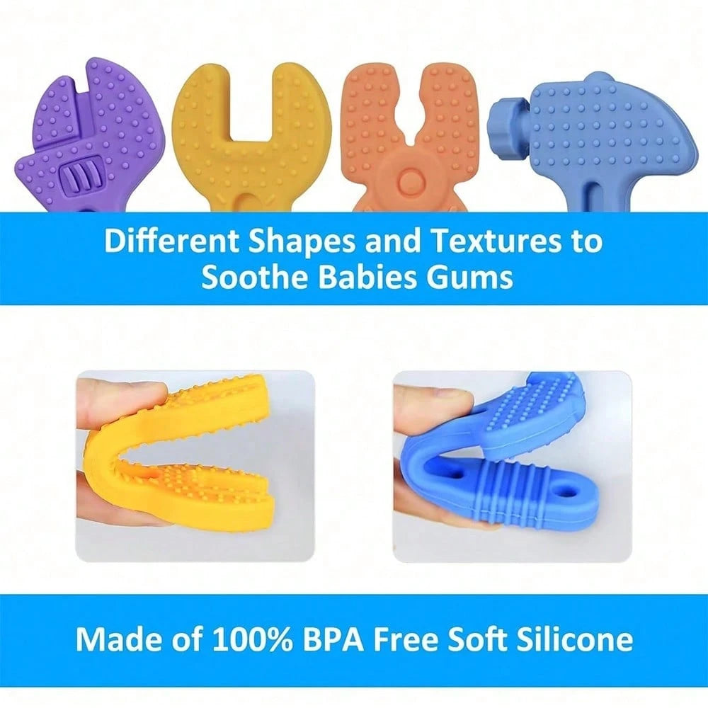 NIMBUSKNIT 4/8-Piece Baby Teething Toy Set Soft Silicone Teething Toys Suitable For Infants Aged 0-12 Months And 6-24 Months Hammer, Wrench, And Pliers-Shaped Teething Tools Relieves Gum Discomfort An