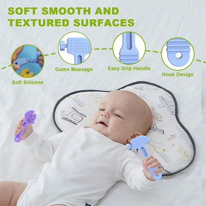 NIMBUSKNIT 4/8-Piece Baby Teething Toy Set Soft Silicone Teething Toys Suitable For Infants Aged 0-12 Months And 6-24 Months Hammer, Wrench, And Pliers-Shaped Teething Tools Relieves Gum Discomfort An