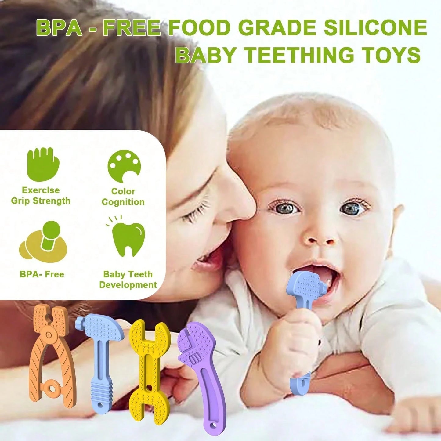 NIMBUSKNIT 4/8-Piece Baby Teething Toy Set Soft Silicone Teething Toys Suitable For Infants Aged 0-12 Months And 6-24 Months Hammer, Wrench, And Pliers-Shaped Teething Tools Relieves Gum Discomfort An