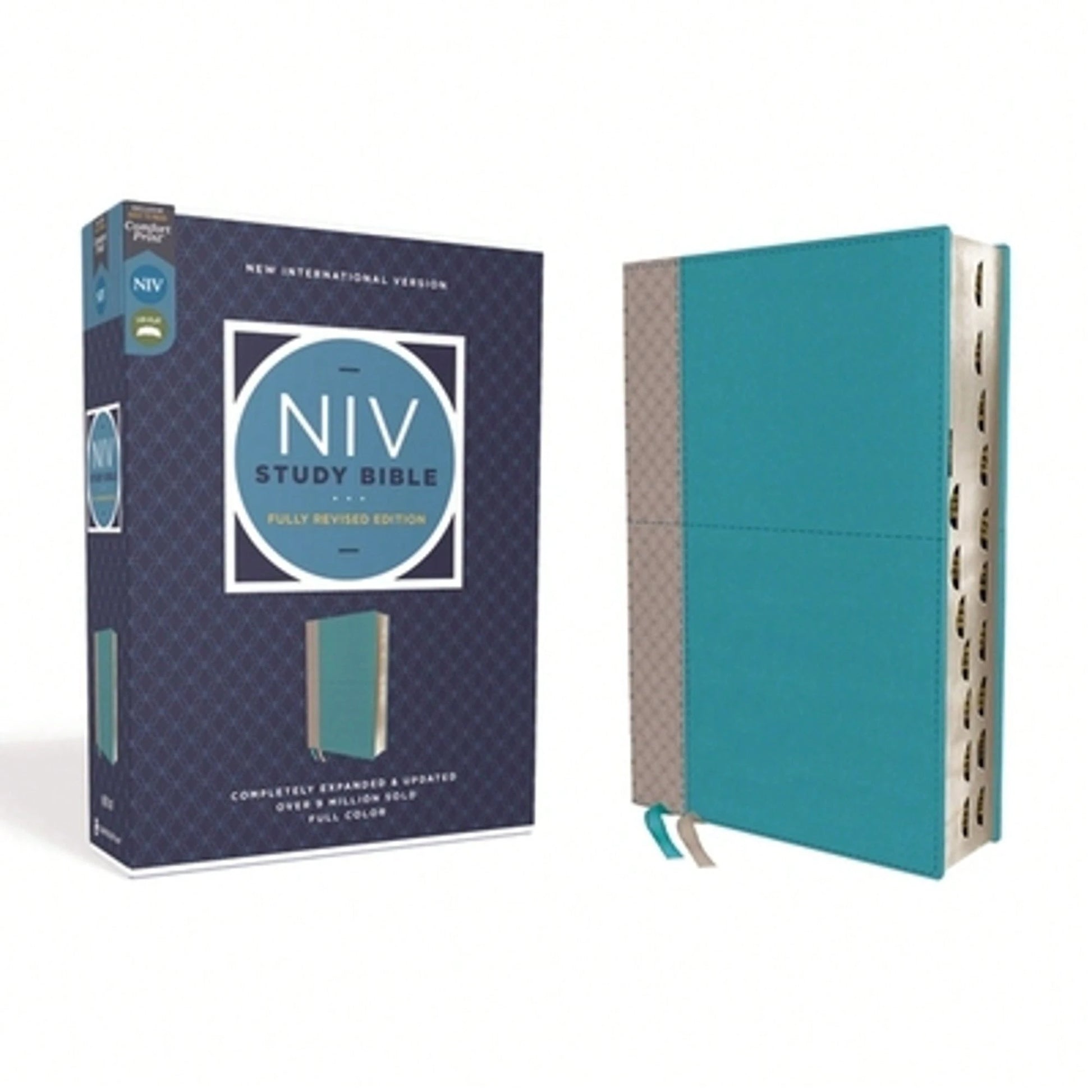 NIV Study Bible, Fully Revised Edition, Leathersoft, Teal/Gray, Red Letter, Thumb Indexed, Comfort (Hardcover) By Kenneth L Barker, Mark L Strauss, Je