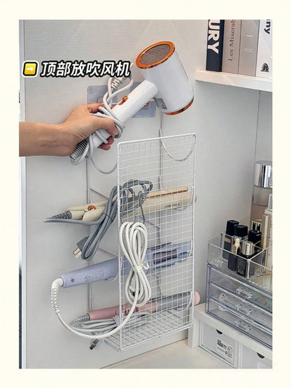 No Drill Curling Iron Holder Wall Mount Bathroom Hair Dryer Organizer Rack Flat Iron Stand, Space Saving