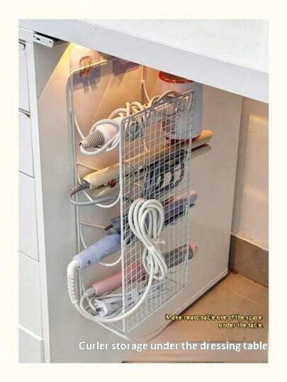 No Drill Curling Iron Holder Wall Mount Bathroom Hair Dryer Organizer Rack Flat Iron Stand, Space Saving