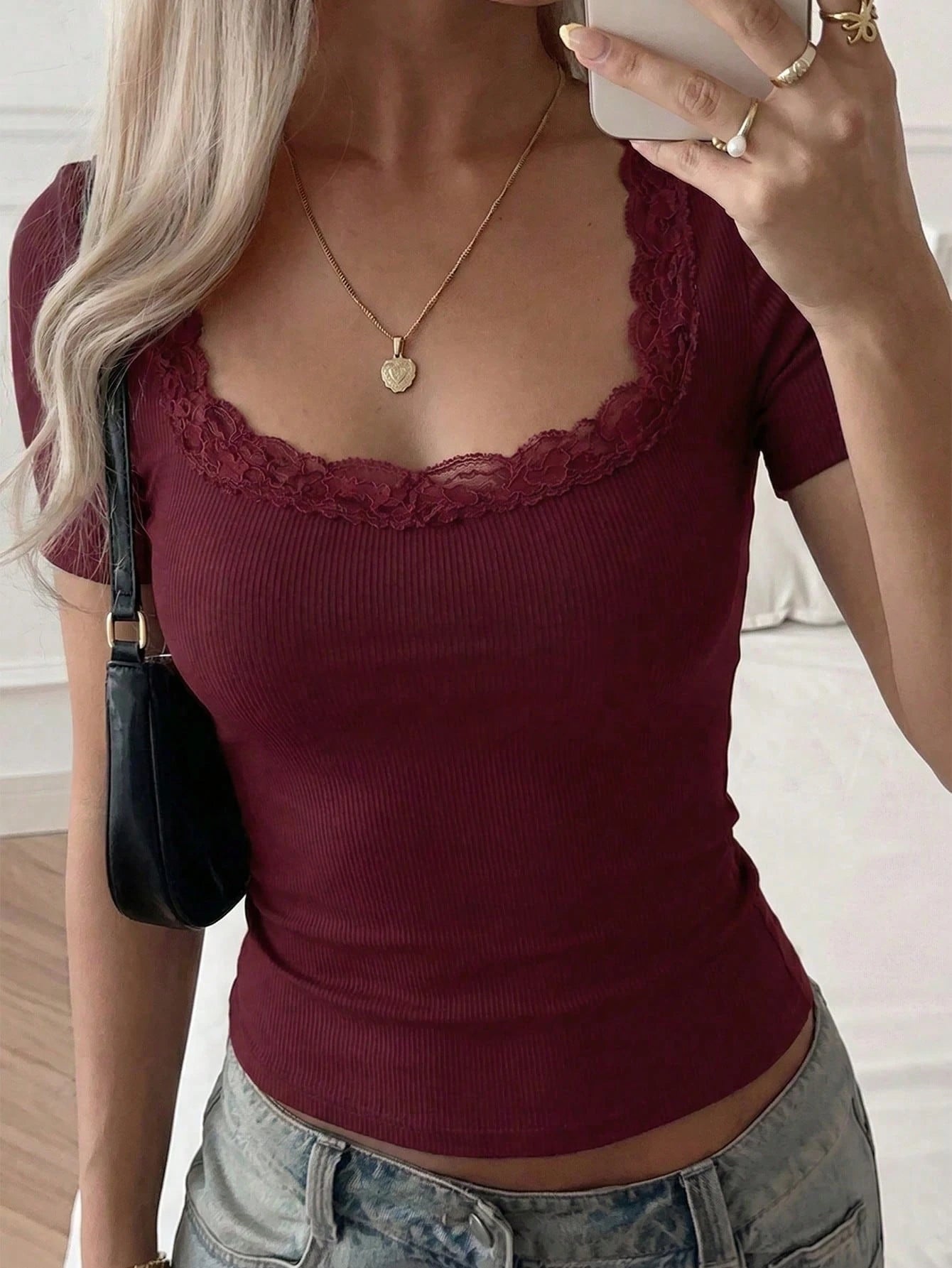 NOIRLYN Women's T-Shirt Summer Y2K Sexy Lace Patchwork Casual Square Neck Short Sleeve Top