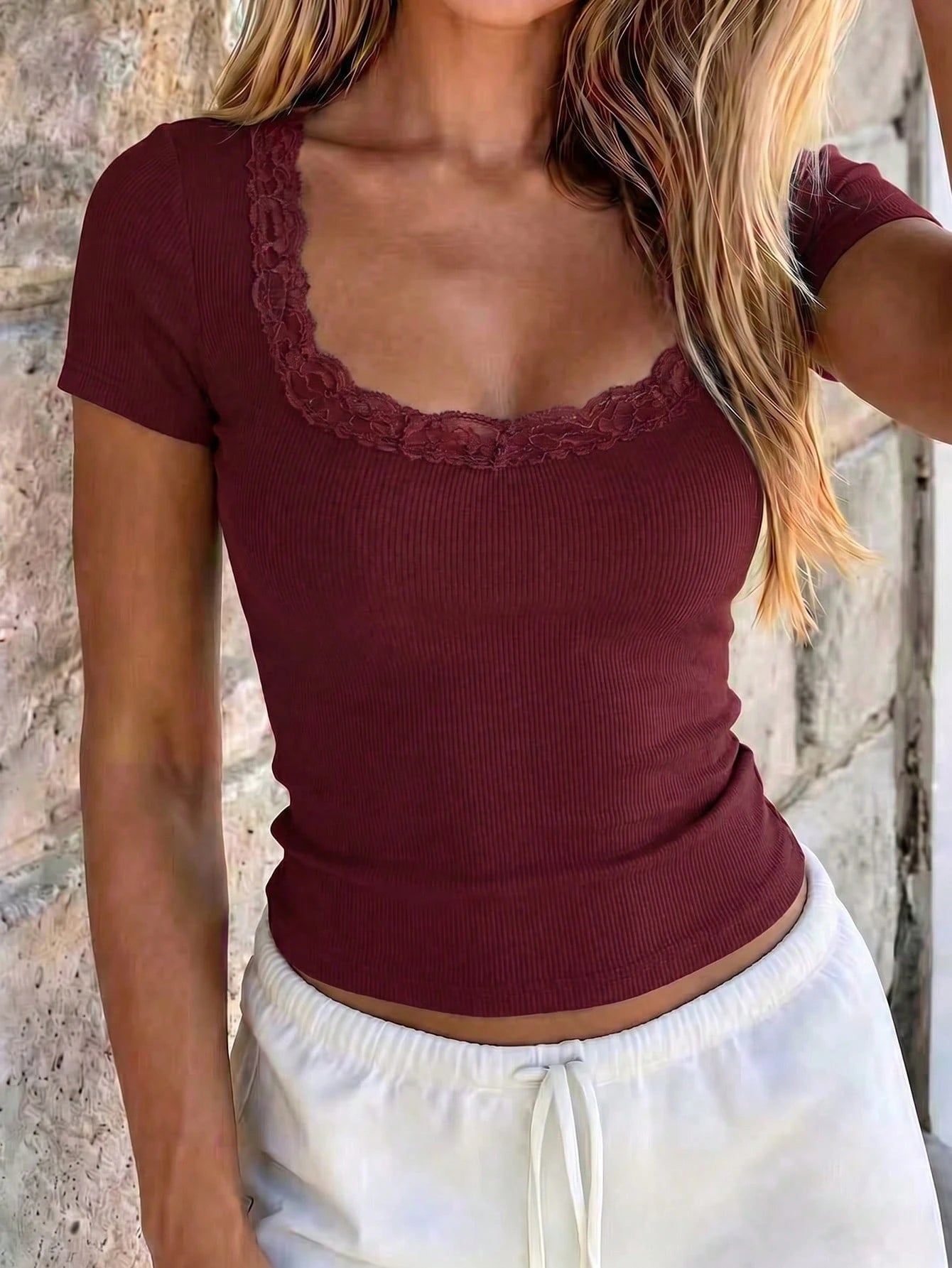 NOIRLYN Women's T-Shirt Summer Y2K Sexy Lace Patchwork Casual Square Neck Short Sleeve Top