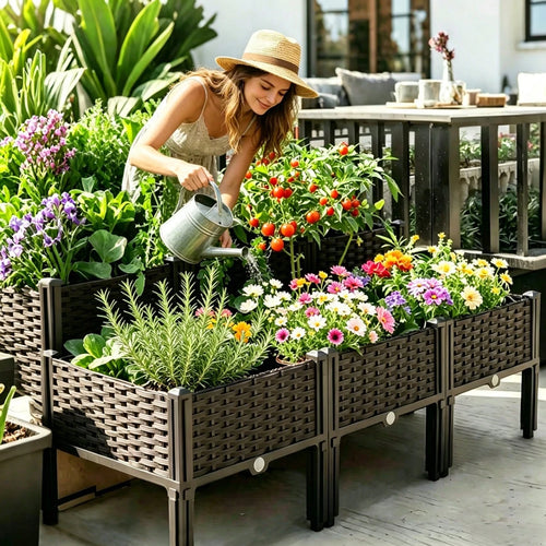 Noremoco 4-In-1 Raised Garden Bed With Legs, Classic Woven Black Plastic Planter Box, Ideal For Outdoor Use-Perfect For Growing Flowers, Vegetables And Herbs| Lightweight And Durable, Multi-Componen