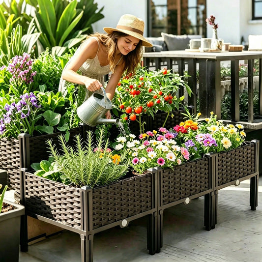 Noremoco 4-In-1 Raised Garden Bed With Legs, Classic Woven Black Plastic Planter Box, Ideal For Outdoor Use-Perfect For Growing Flowers, Vegetables And Herbs| Lightweight And Durable, Multi-Componen