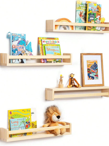 Nostalgic Children's Bookshelf- Natural Solid Wood Floating Children's Bookshelf In Rustic Style- Wall-Mounted Children's Bookshelf, Classic Rustic Style Wall-Mounted Storage Rack, Suitable For Bath