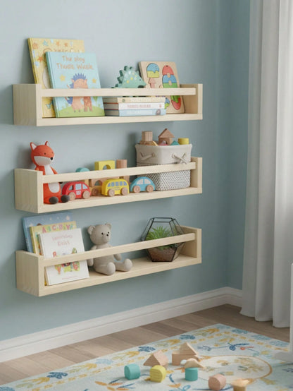 Nostalgic Children's Bookshelf- Natural Solid Wood Floating Children's Bookshelf In Rustic Style- Wall-Mounted Children's Bookshelf, Classic Rustic Style Wall-Mounted Storage Rack, Suitable For Bath