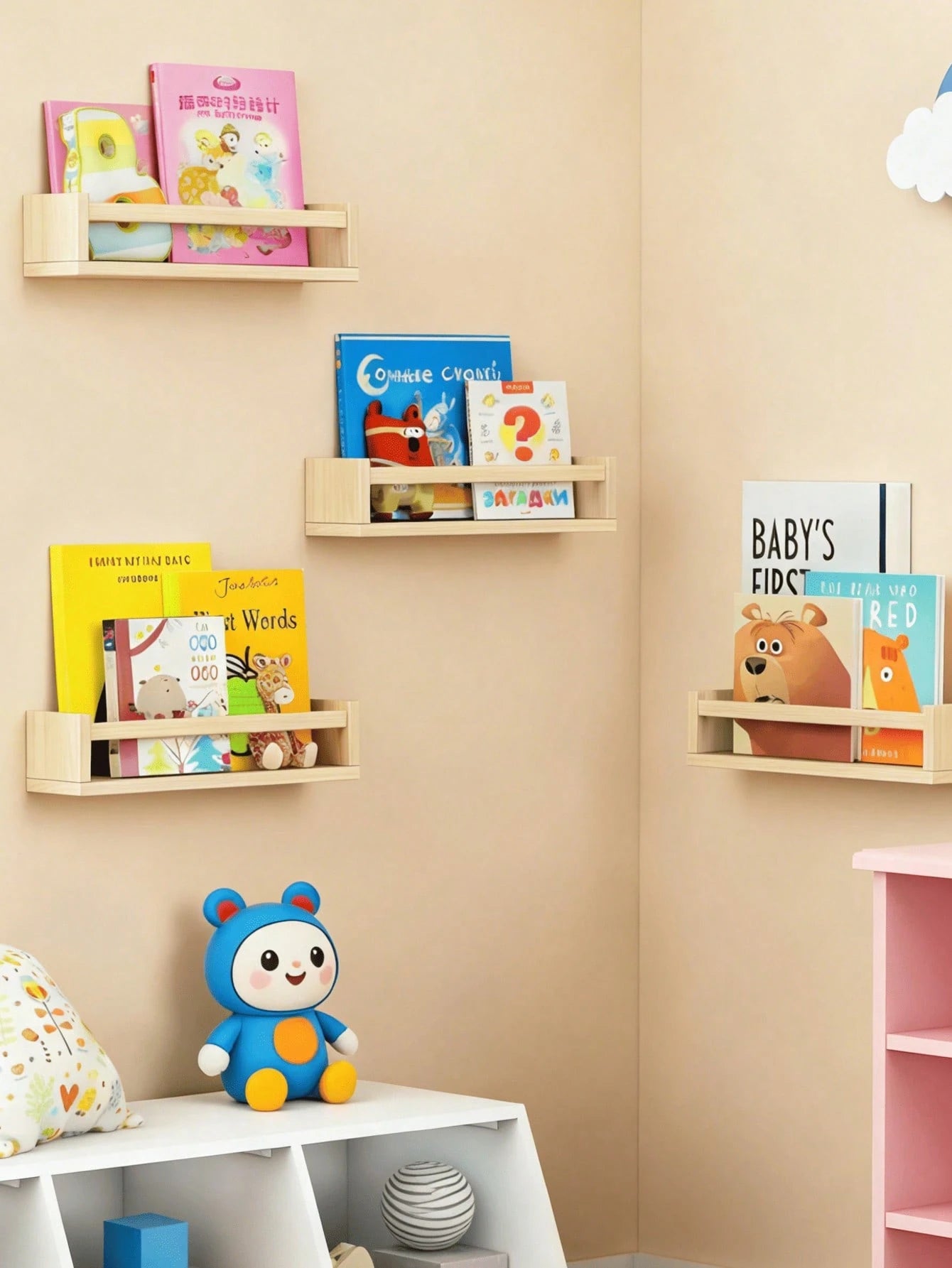 Nostalgic Children's Bookshelf- Natural Solid Wood Floating Children's Bookshelf In Rustic Style- Wall-Mounted Children's Bookshelf, Classic Rustic Style Wall-Mounted Storage Rack, Suitable For Bath