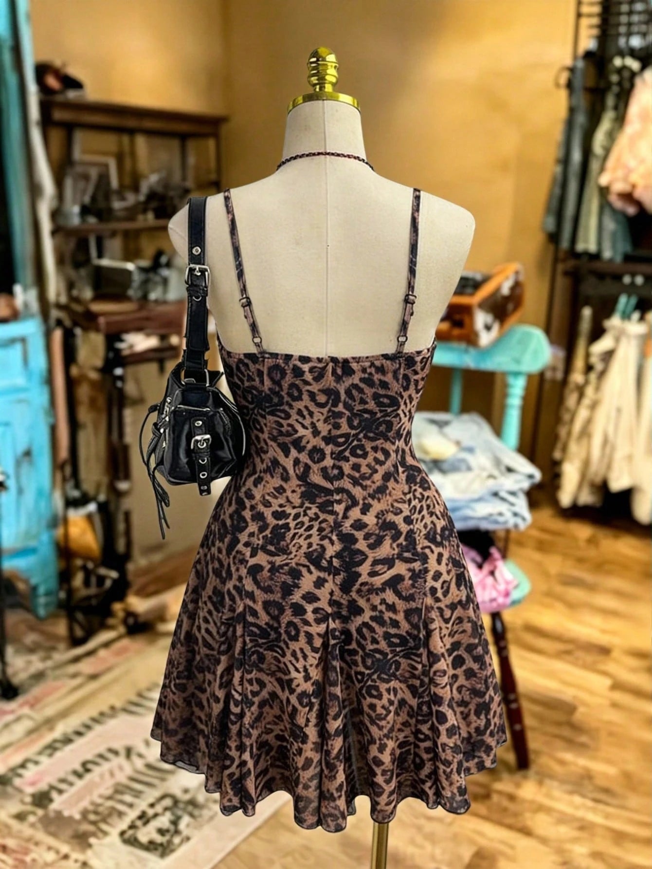NostaNoir Summer Y2K Vintage Lace Patchwork Leopard Print Waist Cinched Camisole Mini Dress For Women