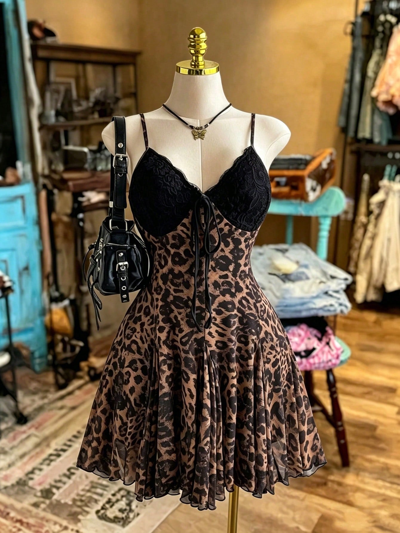 NostaNoir Summer Y2K Vintage Lace Patchwork Leopard Print Waist Cinched Camisole Mini Dress For Women
