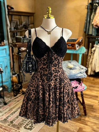 NostaNoir Summer Y2K Vintage Lace Patchwork Leopard Print Waist Cinched Camisole Mini Dress For Women