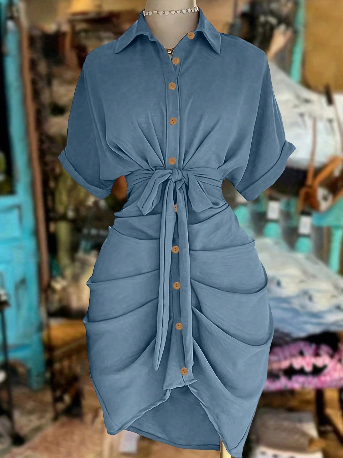 NostaNoir Women's Solid Color Single-Breasted Knotted Pleated Casual Party Travel Shirt Dress