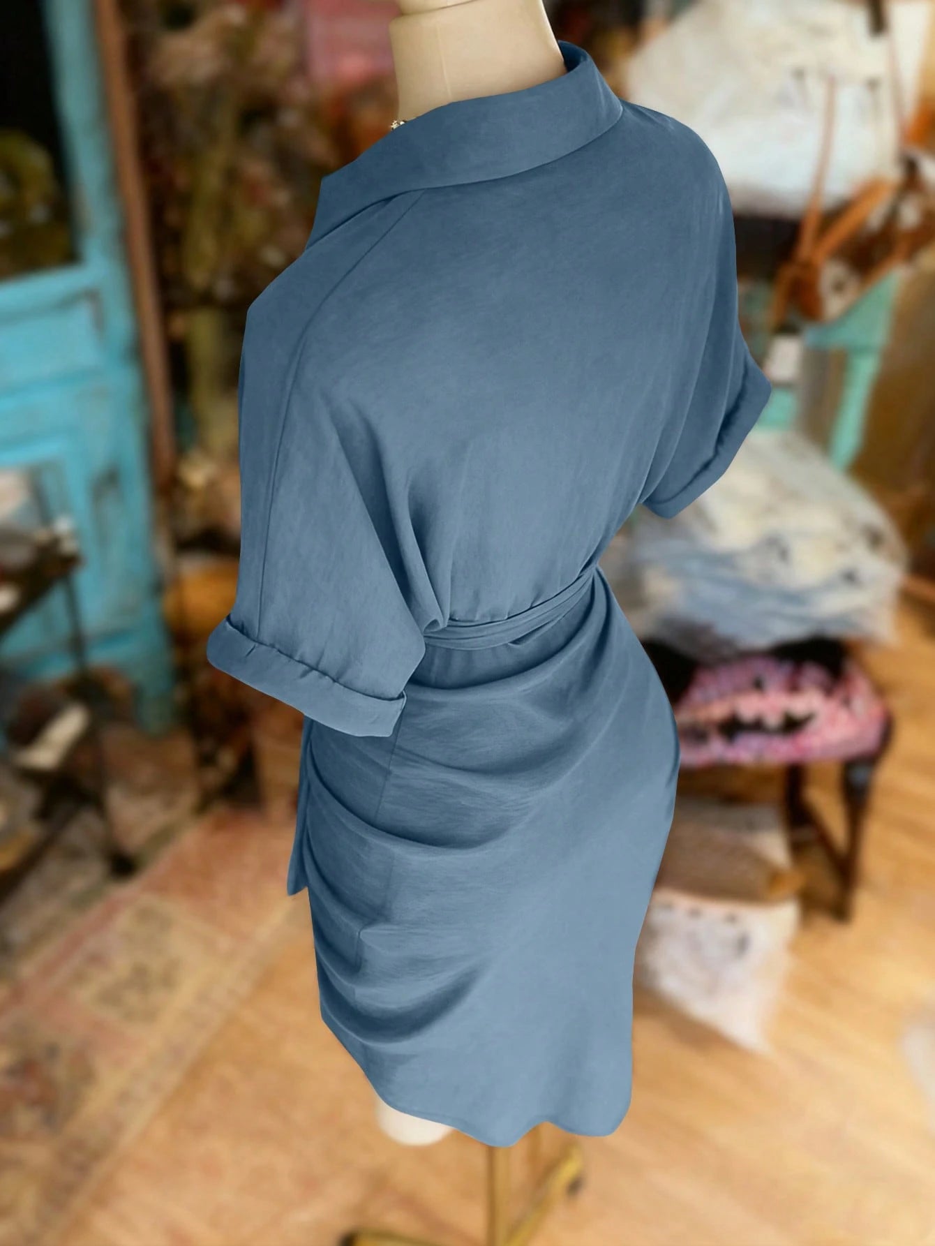 NostaNoir Women's Solid Color Single-Breasted Knotted Pleated Casual Party Travel Shirt Dress