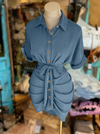 NostaNoir Women's Solid Color Single-Breasted Knotted Pleated Casual Party Travel Shirt Dress